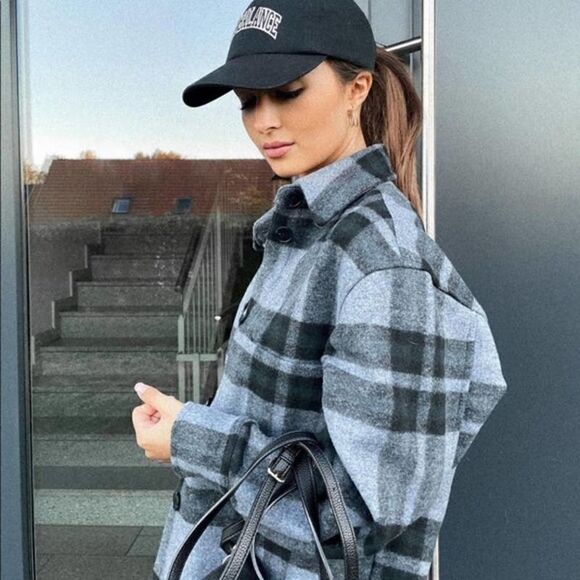 H&M Felted Shacket Shirt Jacket Blue Plaid New - Picture 4 of 12